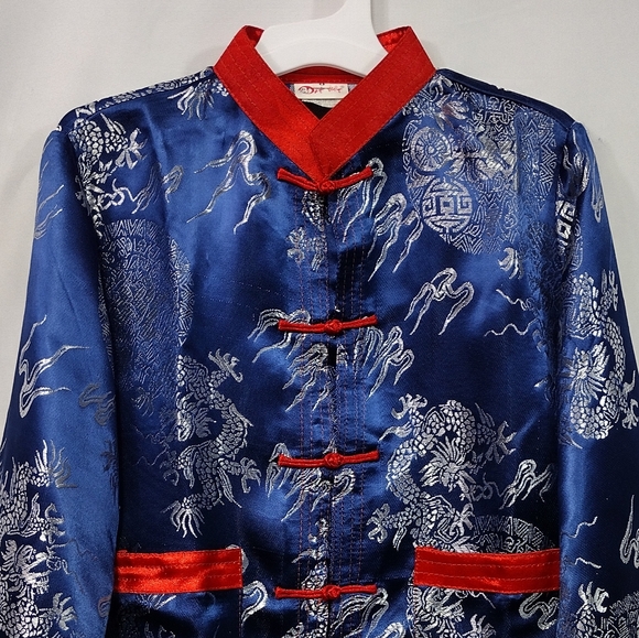 Dragon Print Han Tang Suit Boys 6 Blue Satin Retro Casual Holiday Party Event - Picture 2 of 8